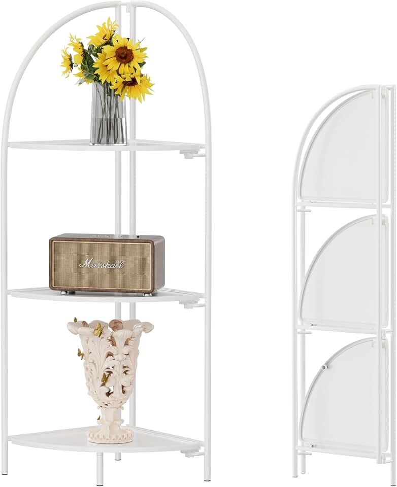 Foldable 3-Tier Metal Corner Shelf for Living Room and Bedroom