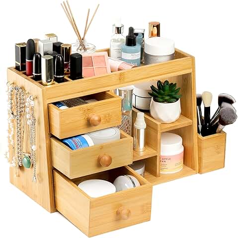 Bamboo Makeup and Jewelry Organizer with Drawers and Hooks