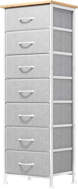 Tall bedroom dresser with 7 fabric drawers