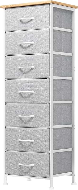Tall bedroom dresser with 7 fabric drawers