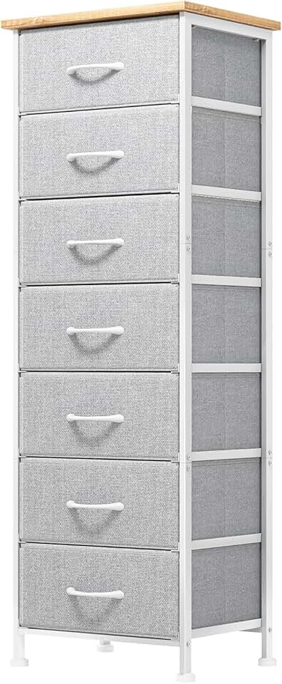 Tall bedroom dresser with 7 fabric drawers