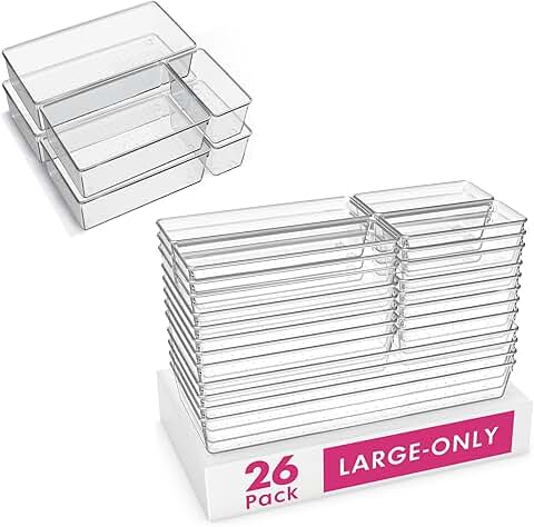 Set of 32 Clear Plastic Drawer Organizer Trays in 6 Sizes