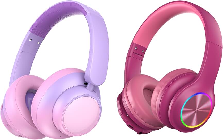 Pink noise-canceling and dark pink Bluetooth headphones for kids