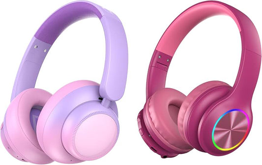 Pink noise-canceling and dark pink Bluetooth headphones for kids
