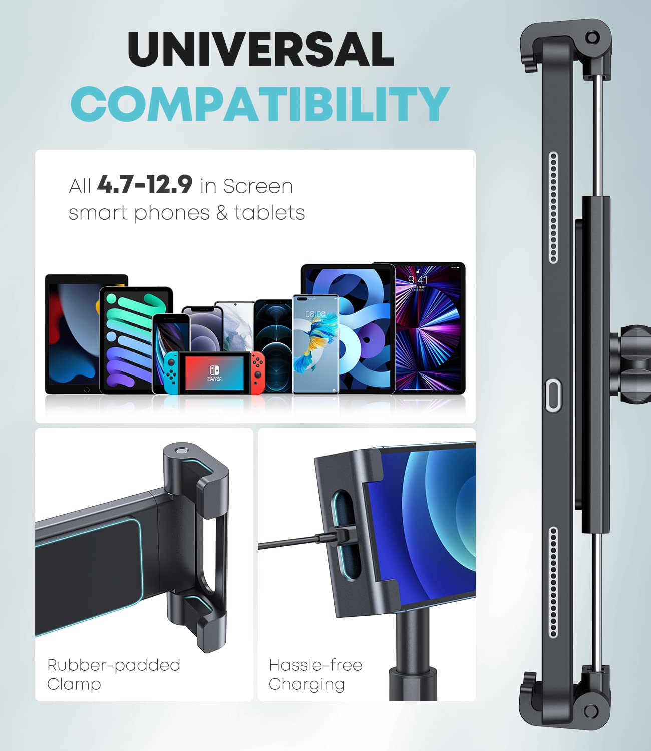 Car Cup Holder Tablet Mount, Universal Tablet & Smartphone Car Cradle Holder for iPad Pro/Air/Mini, Kindle,Tablets Nintendo Switch Smartphones, Compatible with 4.7" to 12.9" Devices
