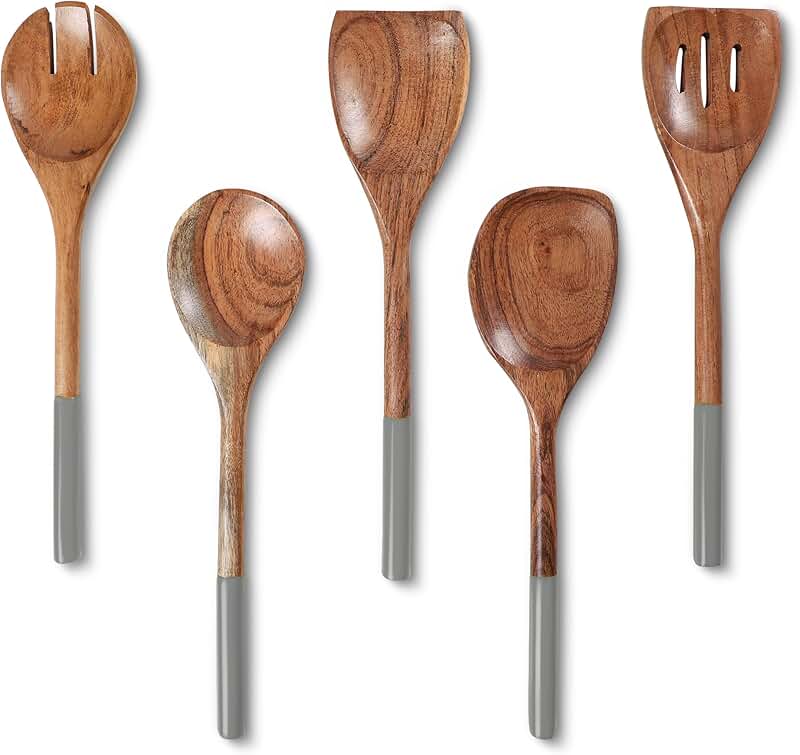 Set of 5 12-Inch Wooden Kitchen Spoons and Utensils