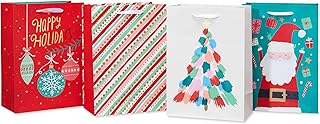 Set of four 10-inch Christmas gift bags with Santa, ornaments, and stripes