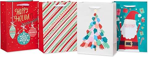 Set of four 10-inch Christmas gift bags with Santa, ornaments, and stripes