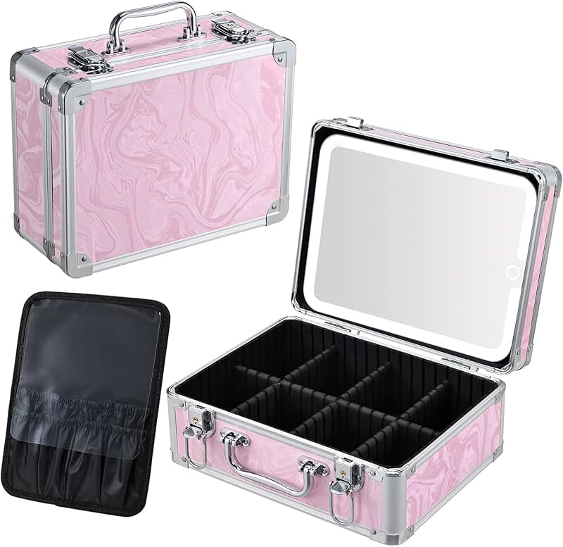 Pink portable makeup case with lighted mirror and adjustable LED lights