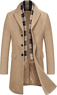 Men's Wool Blend Coat with Detachable Plaid Scarf