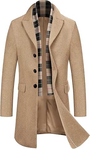 Men's Wool Blend Coat with Detachable Plaid Scarf