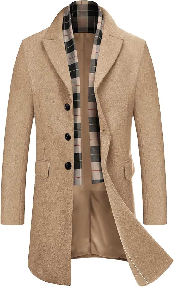 Men's Wool Blend Coat with Detachable Plaid Scarf