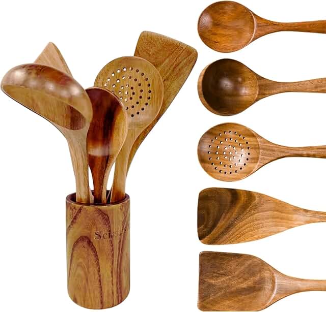 6-Piece Wooden Cooking Utensil Set with Holder
