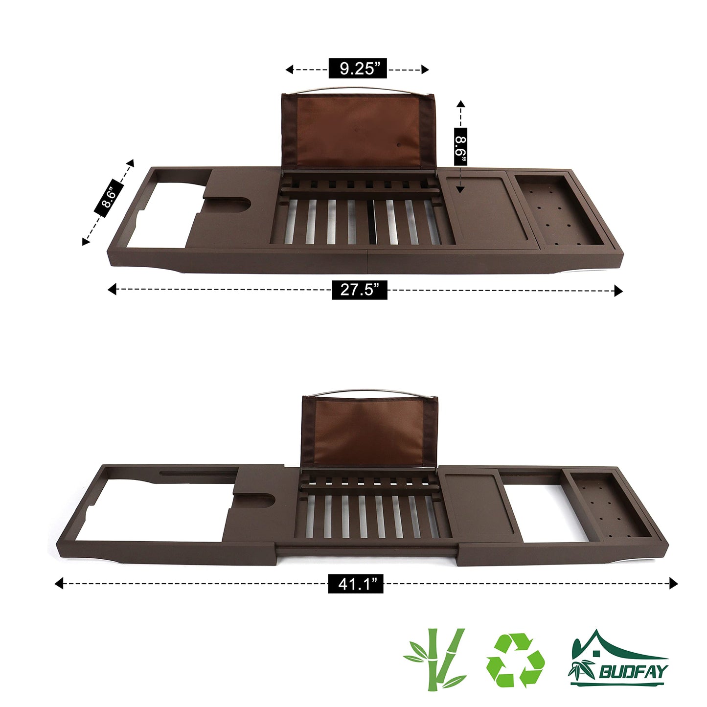 Bamboo Bathtub Caddy Tray Expandable Bath Tub Tray with Book and Wine Holder, Soap Dish, Phone Slot, Bath Table for Any Tub Bath Gift for Women 27.5  41.1 x 8.6, Brown)