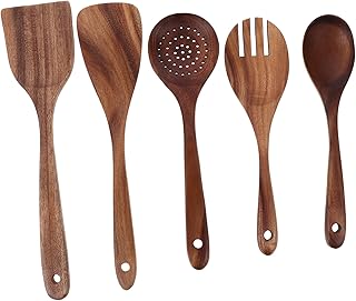 Wooden cooking utensil set with spatula ladle and salad fork