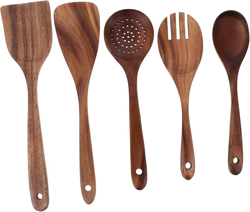 Wooden cooking utensil set with spatula ladle and salad fork