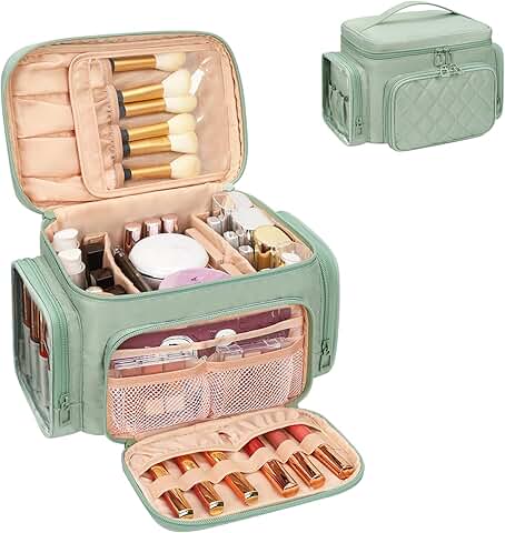 Large Green Travel Makeup Bag with Brush and Side Pockets