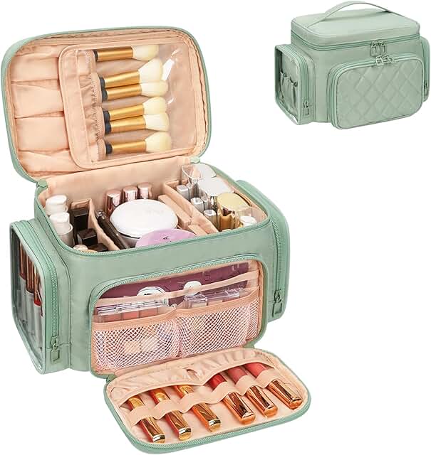Large Green Travel Makeup Bag with Brush and Side Pockets
