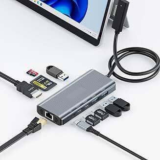 10-in-1 Surface Docking Station with HDMI, Ethernet, SD/TF, USB 3.0, USB C, and PD