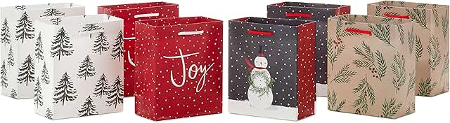 Set of 8 Small Holiday Gift Bags with Winter Designs