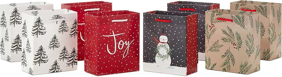 Set of 8 Small Holiday Gift Bags with Winter Designs