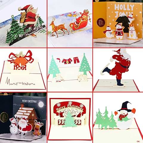 Set of 9 3D Christmas Greeting Cards with Envelopes