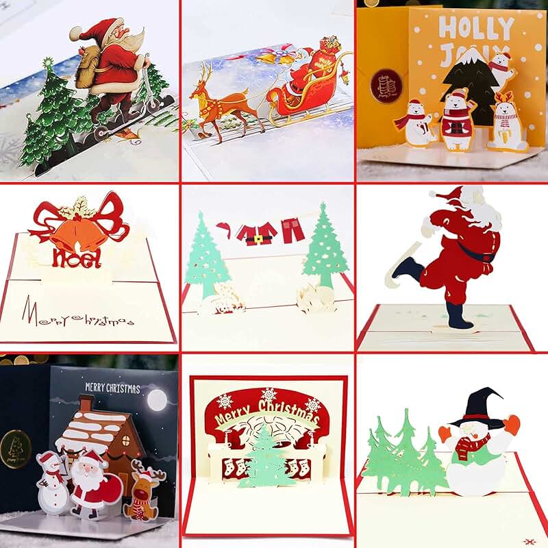 Set of 9 3D Christmas Greeting Cards with Envelopes