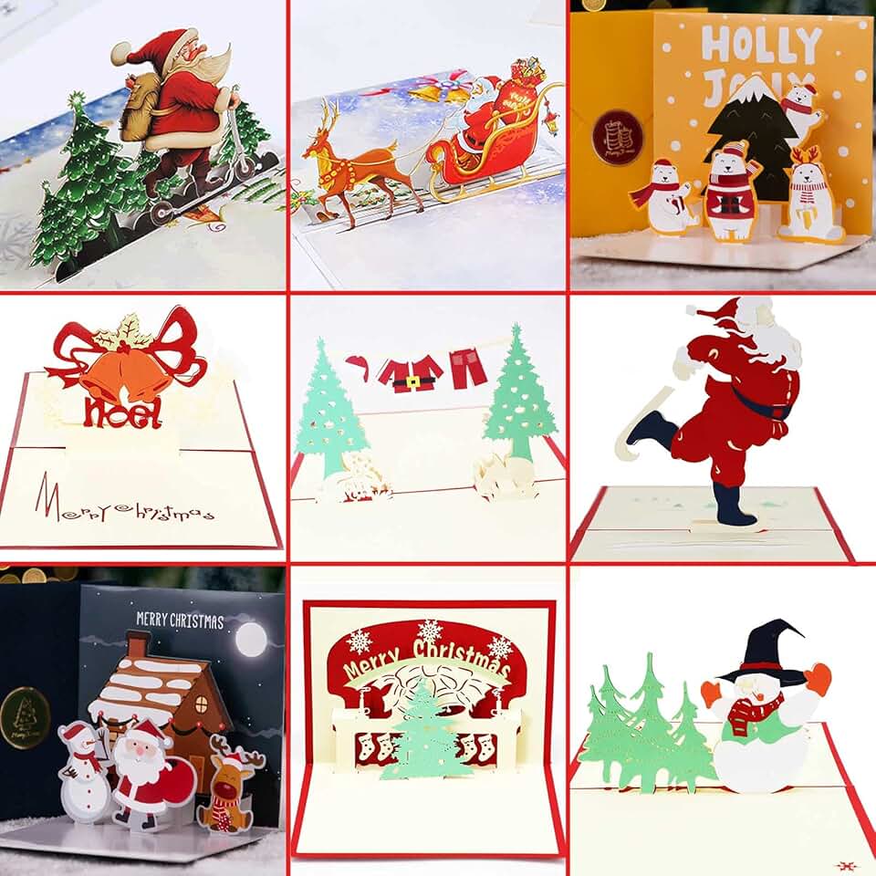 Set of 9 3D Christmas Greeting Cards with Envelopes