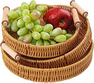 Set of three round rattan trays with handles