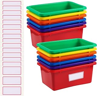 12 Rainbow Plastic Storage Bins with Labels