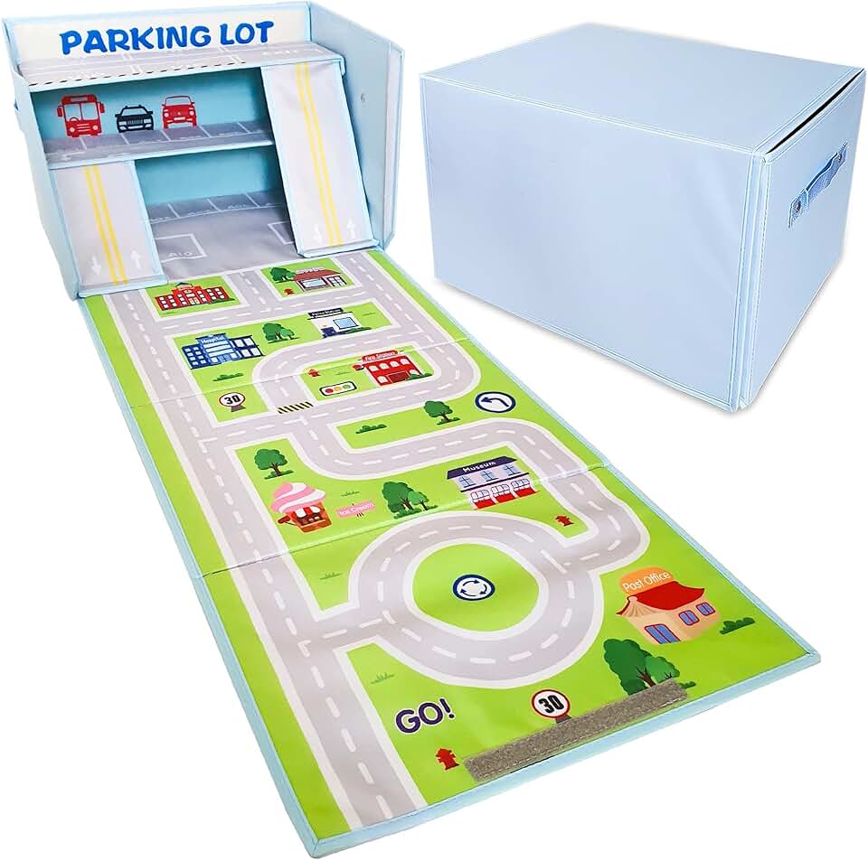 Toy Car Garage with Play Mat and Storage Basket