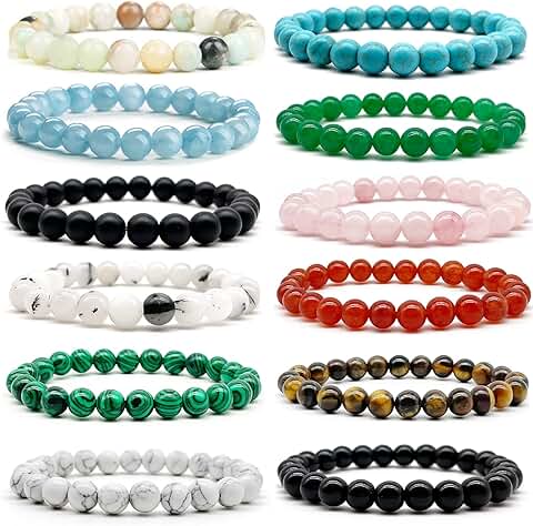 Set of 12 Gemstone 8mm Round Beaded Stretch Bracelets