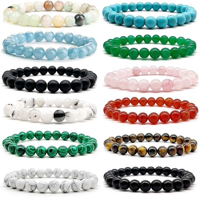 Set of 12 Gemstone 8mm Round Beaded Stretch Bracelets