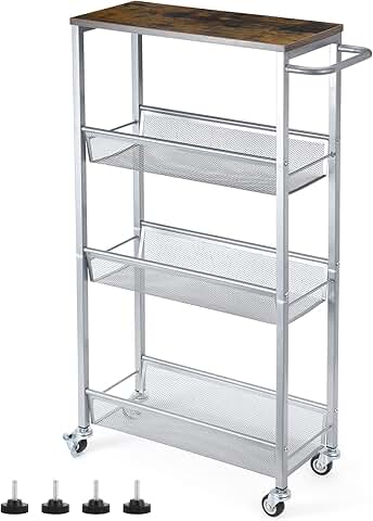 4-Tier Slim Rolling Storage Cart with Wood Top