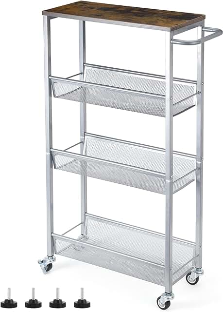 4-Tier Slim Rolling Storage Cart with Wood Top