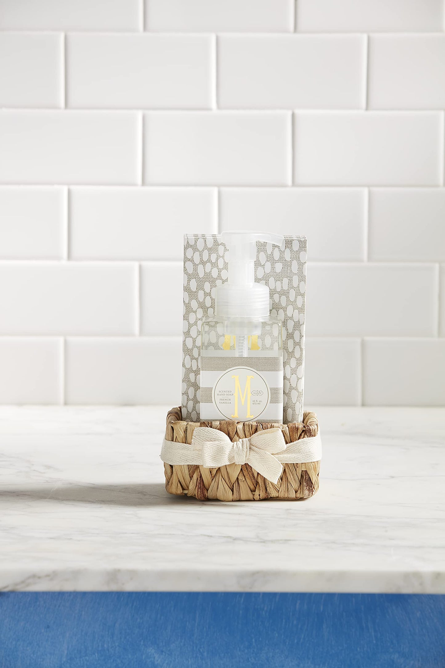 Letter G Initial French Vanilla Scented Hand Soap  Towel Basket Set, soap 17 oz  Napkins 7 3/4" x 4" 2 1/2" x 4 1/4" x 3 1/2"
