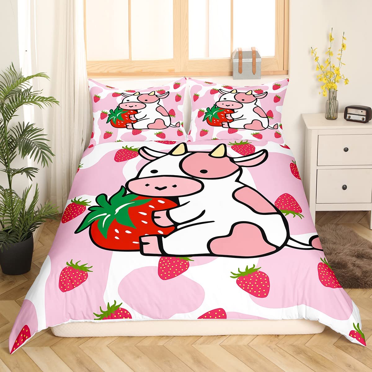 Milk Cow Duvet Cover Pink White Cow Str berry Pattern Comforter Cover Bedding Set for Kids Adults K aii Girls Milk Cow Print Bedspread Cover Ultra Soft Room Decor Queen Bedclothes Zipper