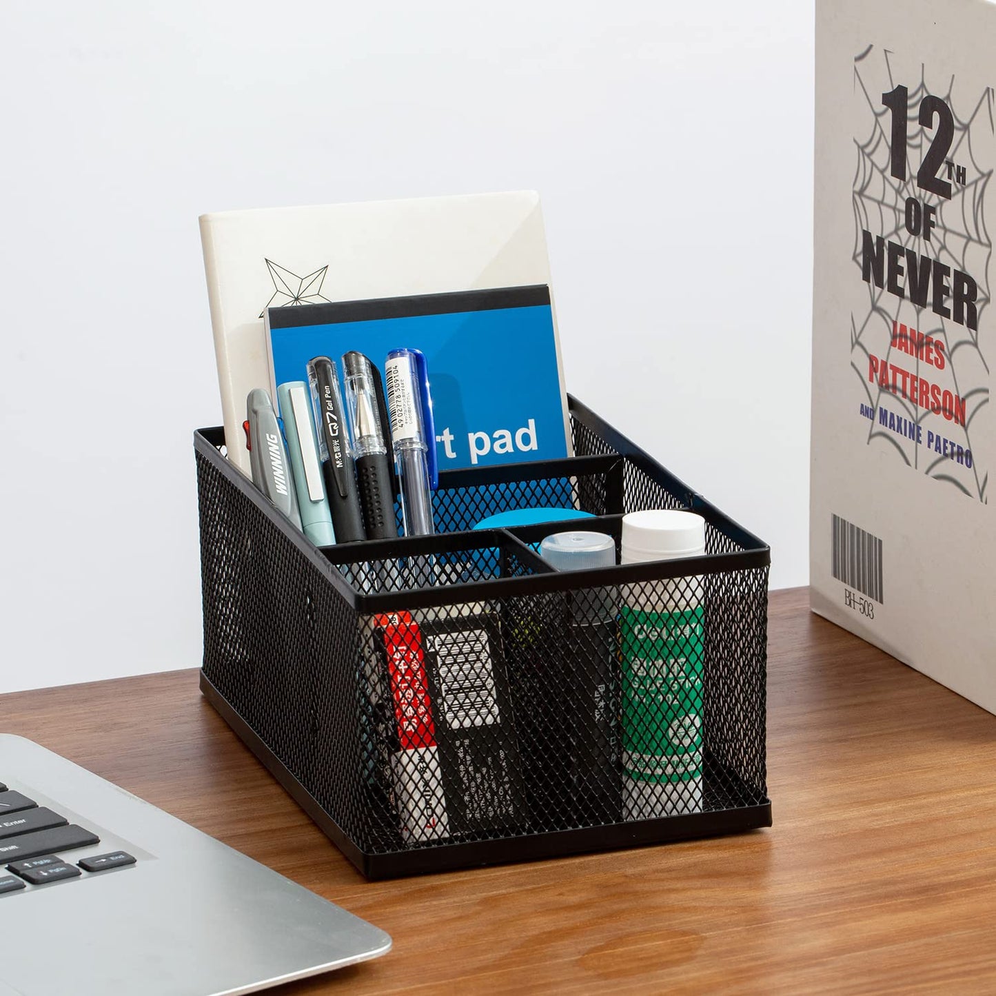 Black Metal Mesh Desk Organizer with 4 Compartments