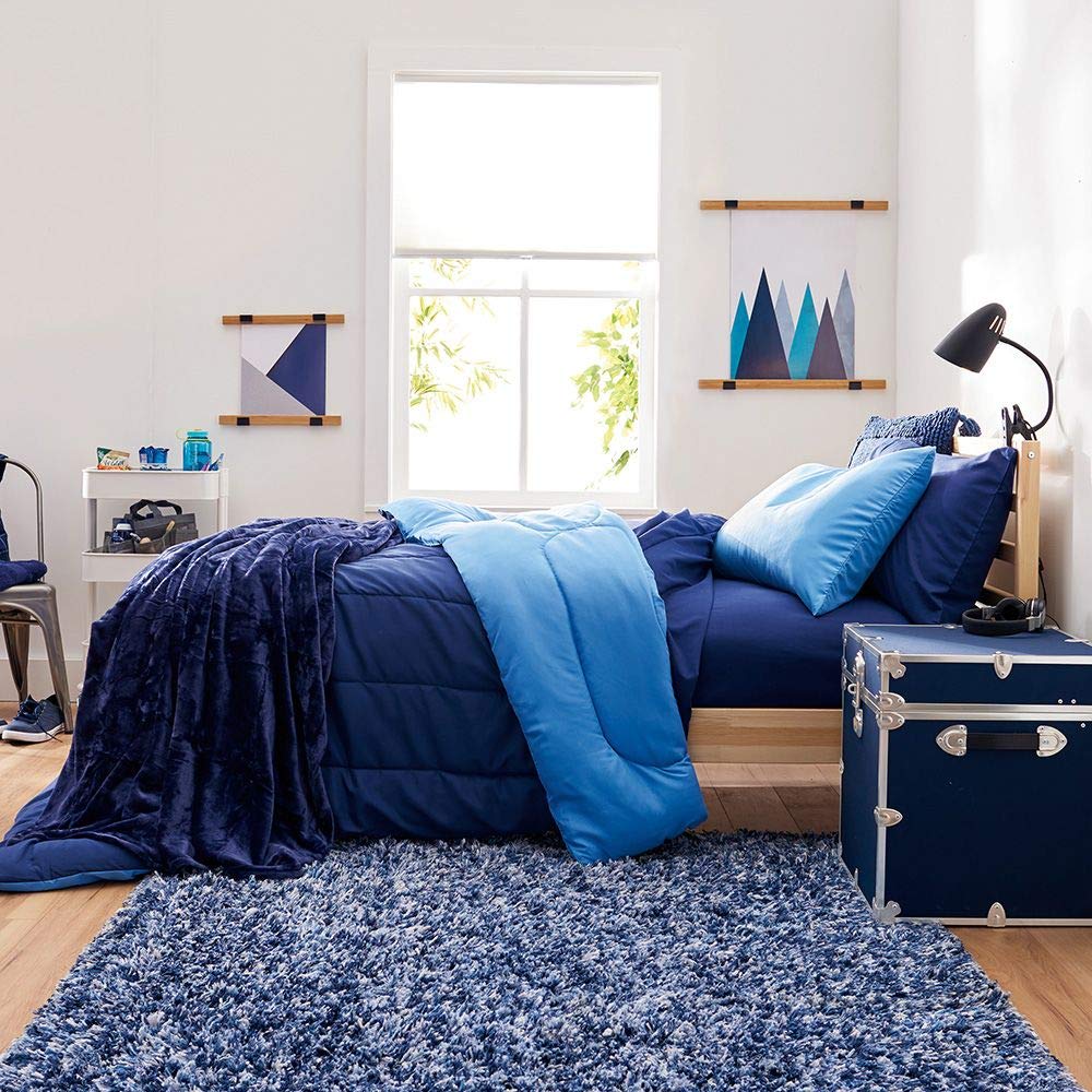 College Dorm Room 27-Piece Varsity Pak  Twin XL  Comforter, Sheets, Pad, Topper, Towels, Organization, Storage  More  Blue and Navy  Clic Blue Solids
