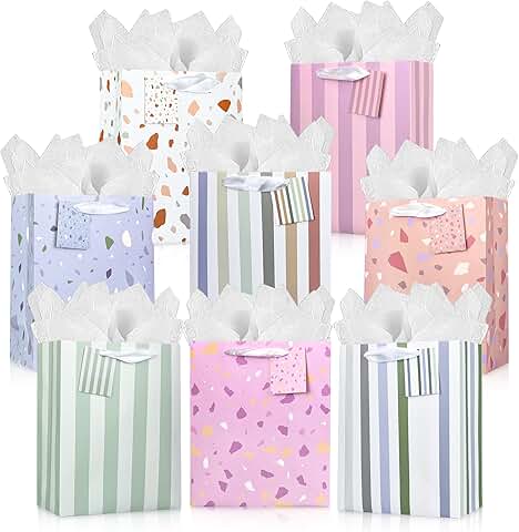 Set of 8 Elegant Gift Bags with Tissue Paper and Accessories