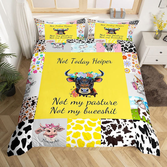 Cute Cattle Duvet Cover Set Twin Size Yellow Cow Print Comforter Cover Farm Animal Theme Bedding Set 2pcs for Kids Girls Room Decor, Watercolor Plaid Print Quilt Cover with 1 Pillowcase