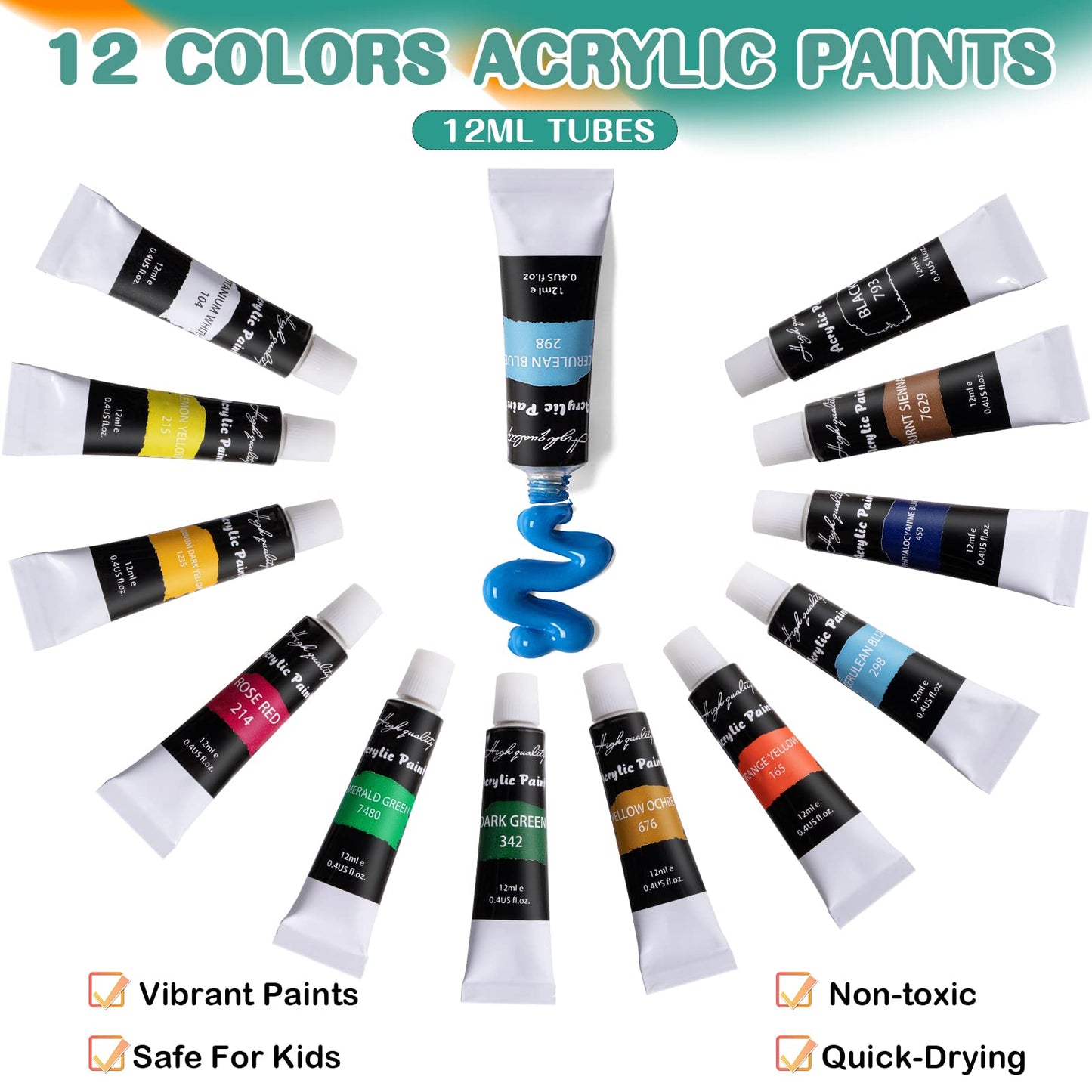 Acrylic Paint Set for Kids with 12 Paints, 8 Brushes, 5 Canvas Panels