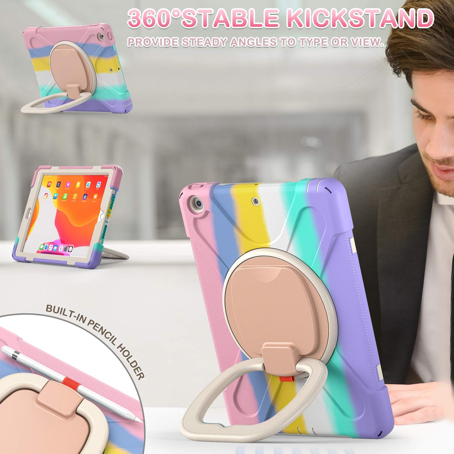 iPad 9th/ 8th/ 7th Generation Case (iPad 10.2 inch Rugged Case 2021/2020/2019) with Screen Protector, Rotating Stand/Pencil Holder/Carrying Shoulder Strap (Colourful Pink)