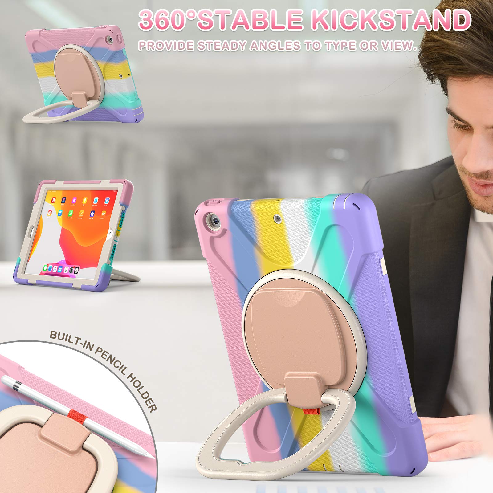 iPad 9th/ 8th/ 7th Generation Case (iPad 10.2 inch Rugged Case 2021/2020/2019) with Screen Protector, Rotating Stand/Pencil Holder/Carrying Shoulder Strap (Colourful Pink)