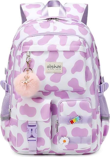 Large Cow Print Purple Laptop Backpack for Students