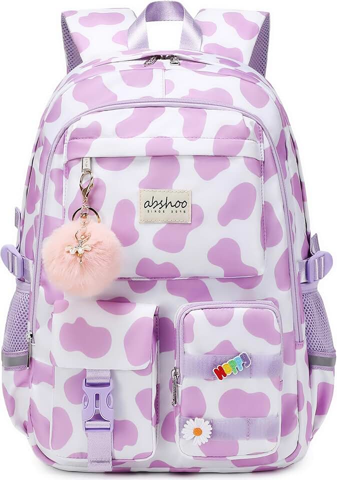 Large Cow Print Purple Laptop Backpack for Students