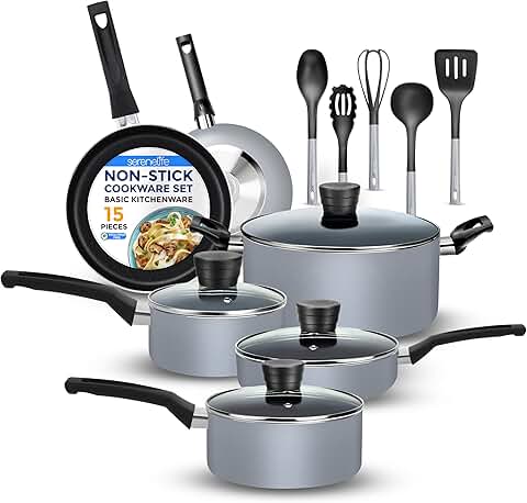 15-Piece Gray Kitchenware Set with Non-Stick Pots and Pans