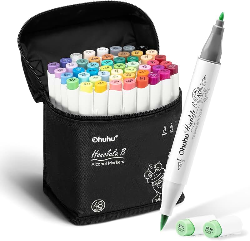 Alcohol Markers Set with Brush and Fine Tips, 48 Colors