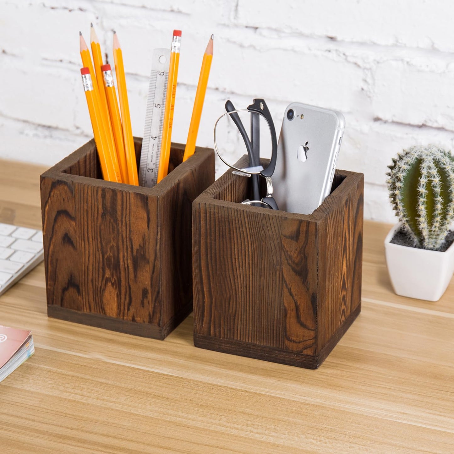 Set of 2 Natural Wood Desktop Pen Holders