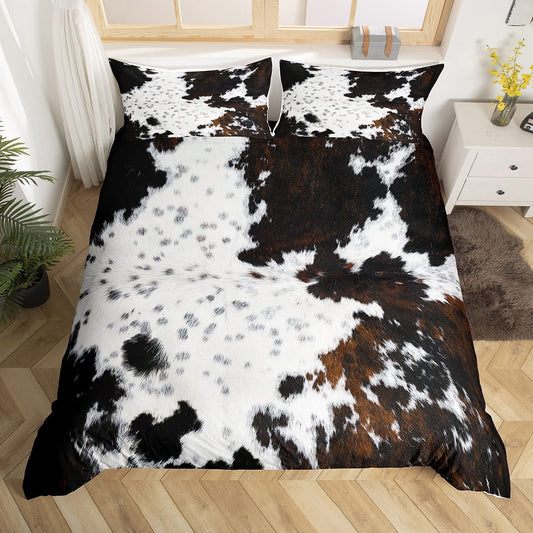 Cowhide Duvet Cover Queen Size, White Black Brown Cow Bedding Set 3Pcs for Kids Teen Adult Room Decor, Abstract Animal Print Comforter Cover Farmhouse Quilt Cover with 2 Pillowcases